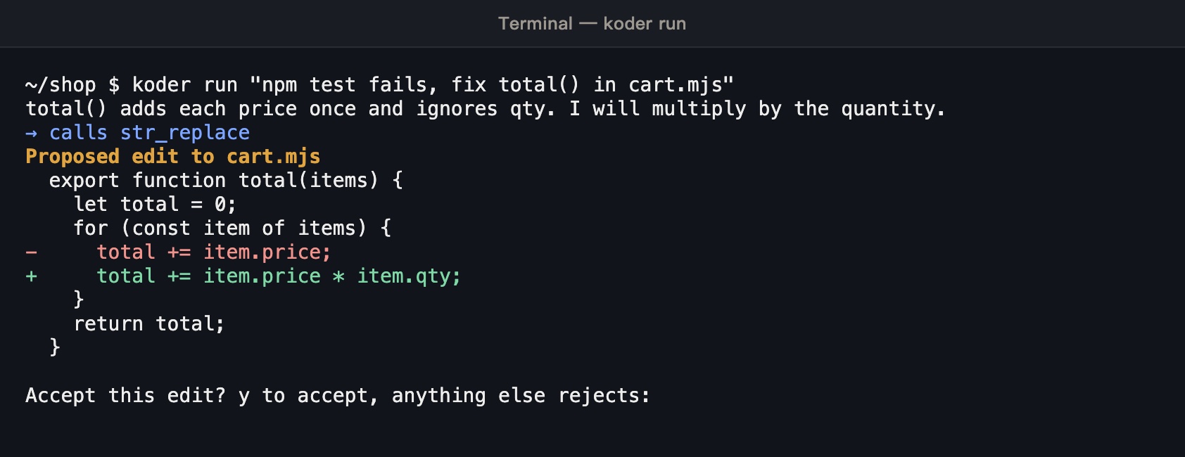 koder run fixing cart.mjs: it shows the change first, red for the removed line and green for the added one, then asks whether to accept it; type y to accept