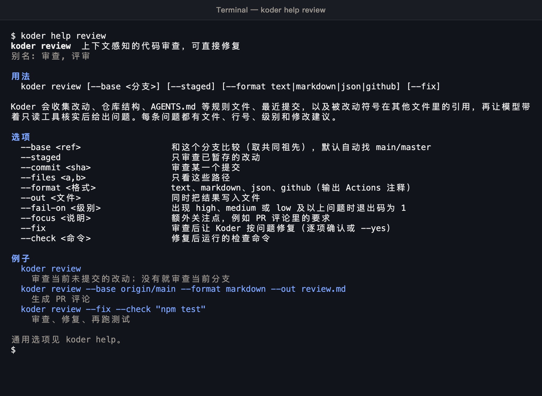koder help review 的输出：用法、审查时收集哪些上下文、全部选项和三个例子