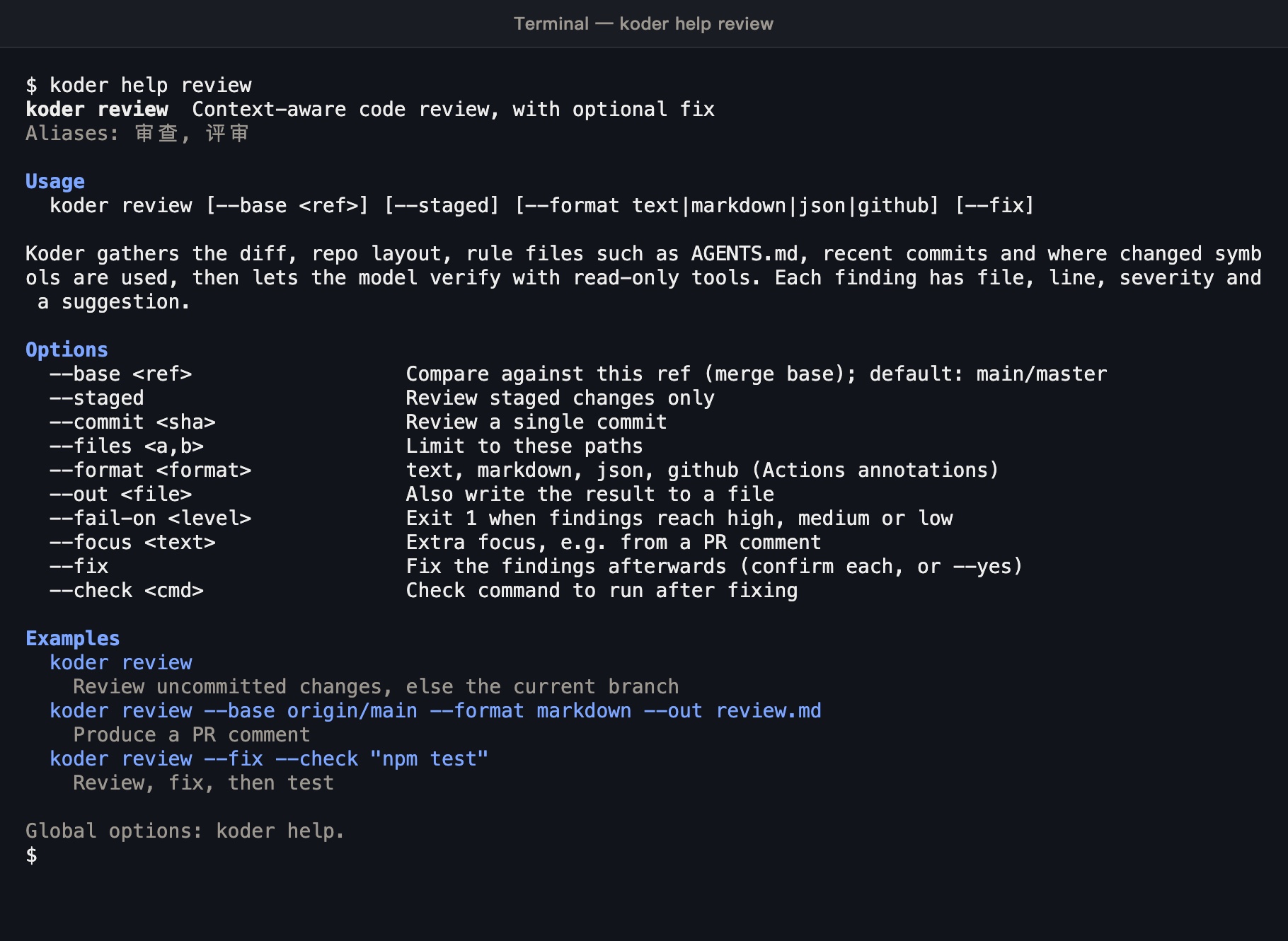 Output of koder help review: usage, what context the review gathers, every option, and three examples