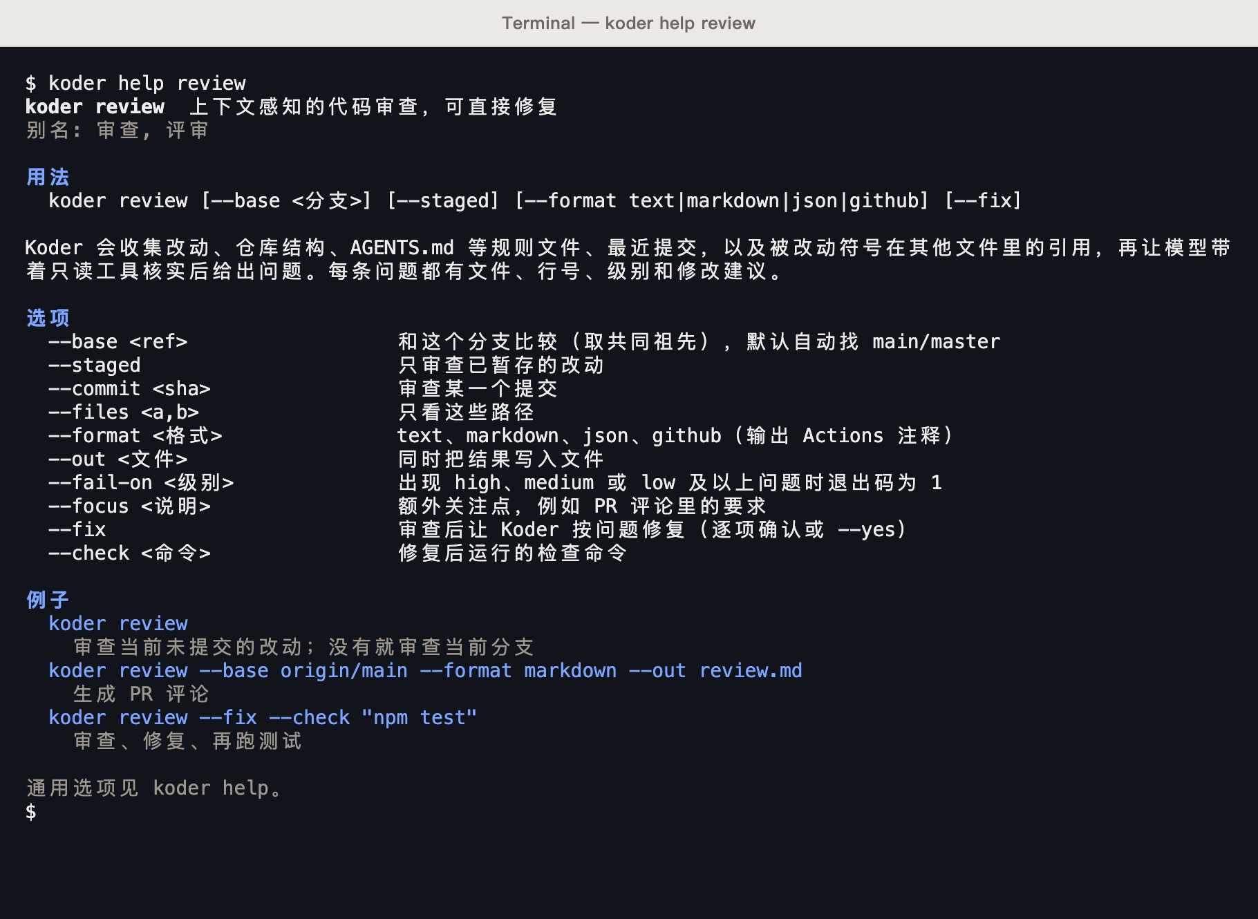 koder help review 的输出:用法、审查时收集哪些上下文、全部选项和三个例子