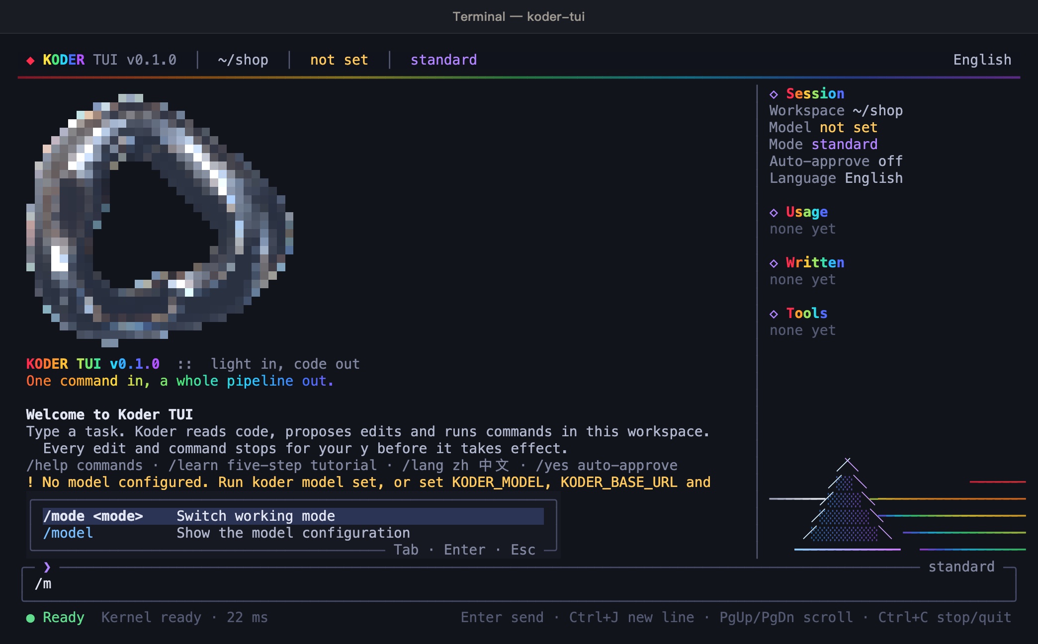 Typing /m in koder-tui opens the slash command palette with /mode to switch mode and /model to show the model setup